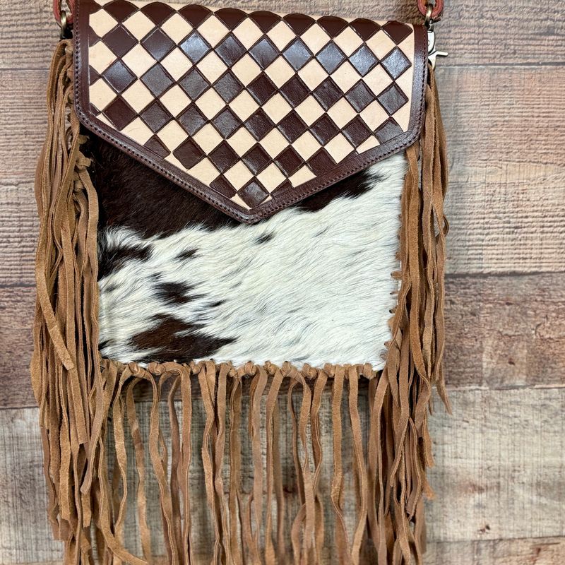 Cowhide Fringe Crossbody Bag with Checkered Leather Flap - Western Hair on Hide Purse Cowhide Fringe Crossbody Bag with Checkered Leather Flap - Western Hair on Hide Purse