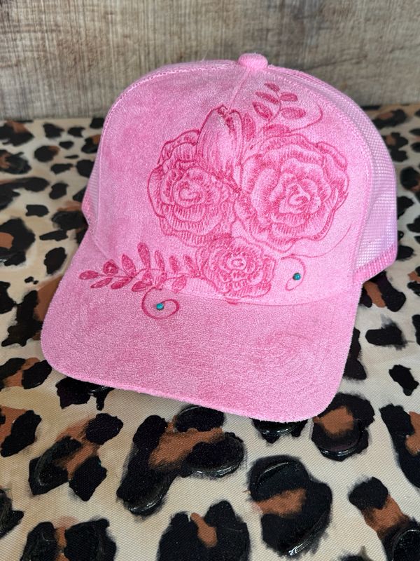 Roses &amp; Turquoise Pink Burned Trucker Hat