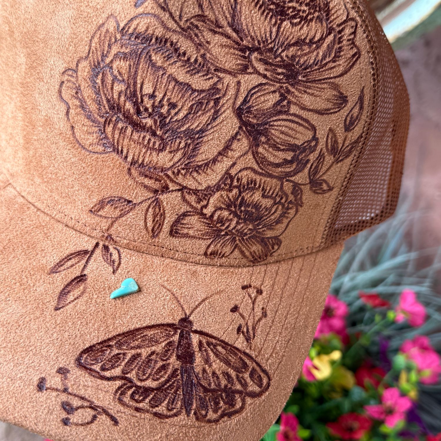 Flowers &amp; Butterfly Rust Burned Trucker Hat