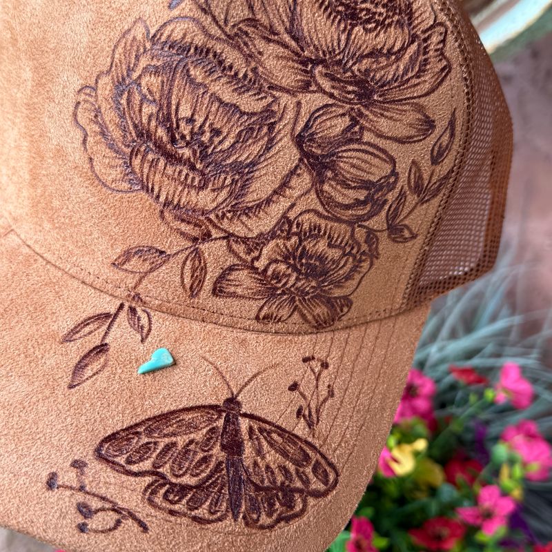 Flowers &amp; Butterfly Rust Burned Trucker Hat