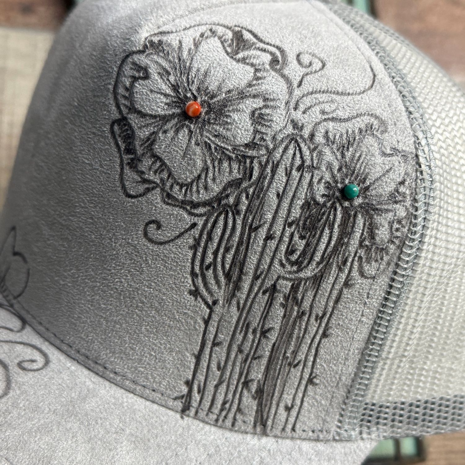 Floral Cactus Gray Burned Trucker Hat with Spiny Oyster &amp; Turquoise