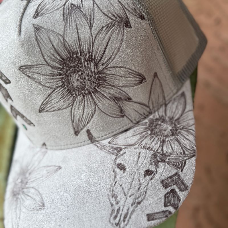 Floral Skull with Genuine Turquoise Grey Burned Trucker Hat