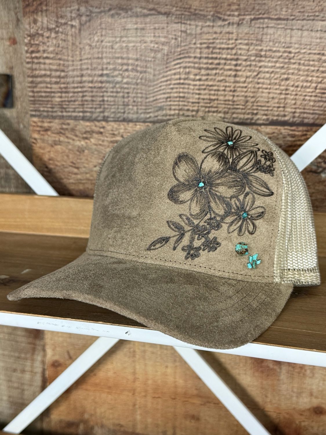 Flowers &amp; Turquoise Tan Burned Trucker Hat