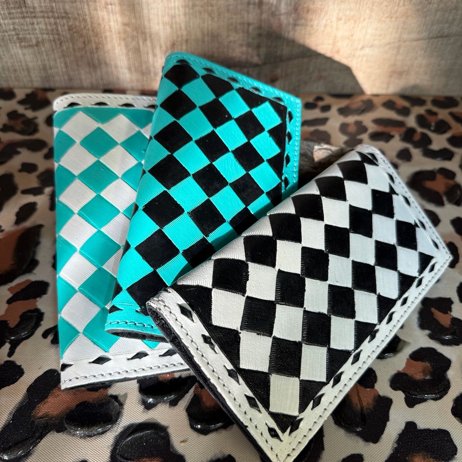 Leather Checkered Long Wallets with Snap Closure