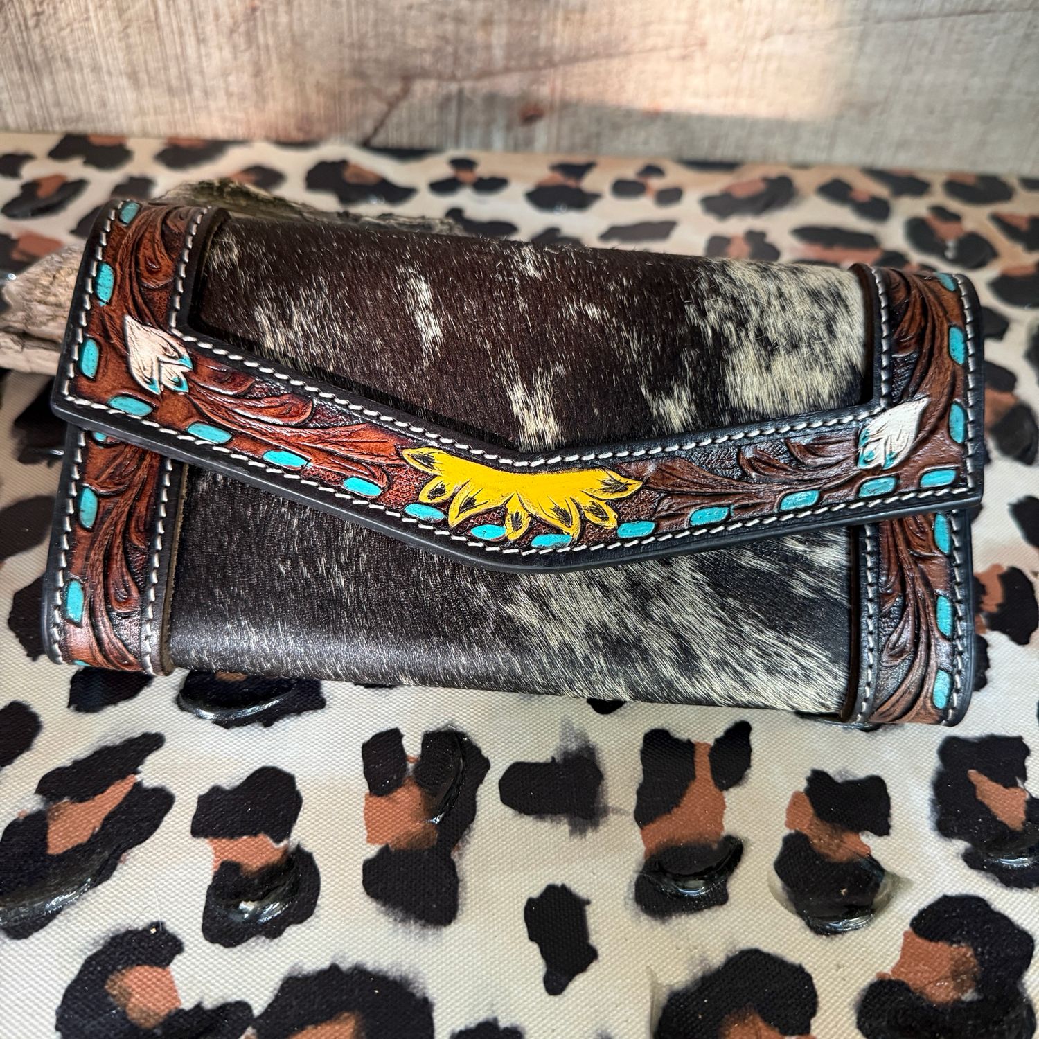 Tooled Leather Sunflower Cowhide Long Wallet