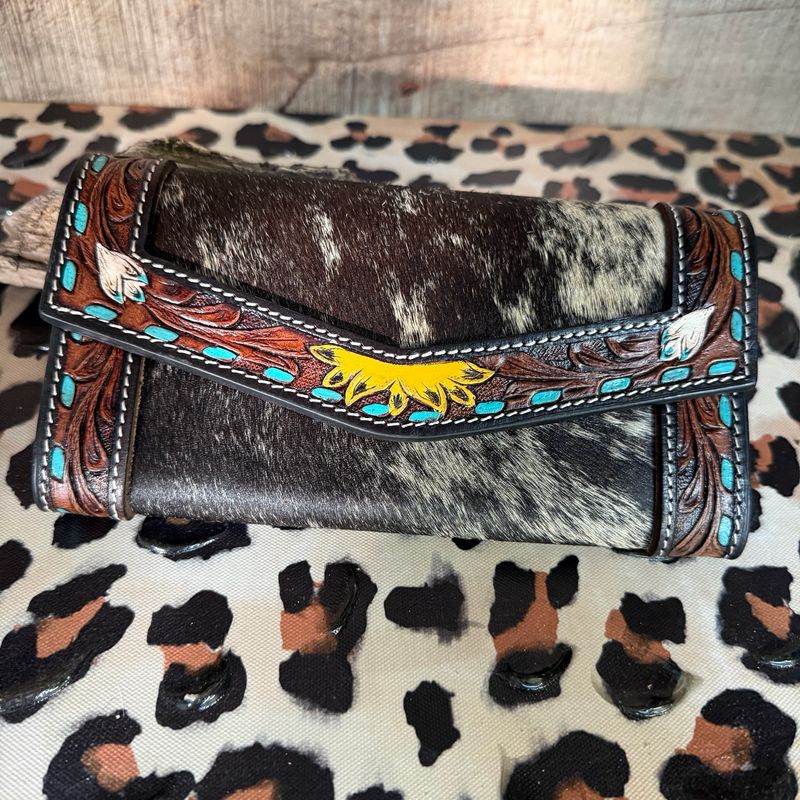 Tooled Leather Sunflower Cowhide Long Wallet