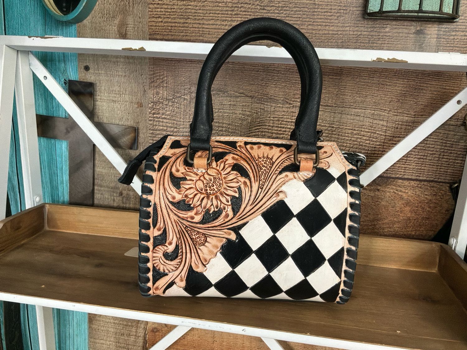 Black &amp; White Checkered Small Tooled Leather Speedy Handbag