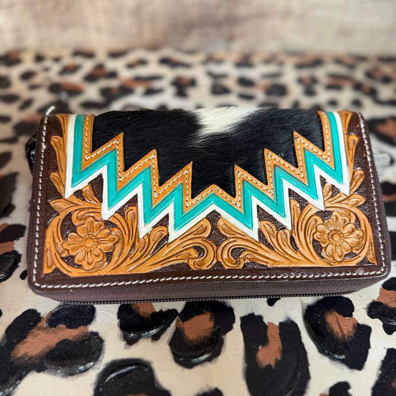 Turquoise Tooled Leather Zip Long Wallets