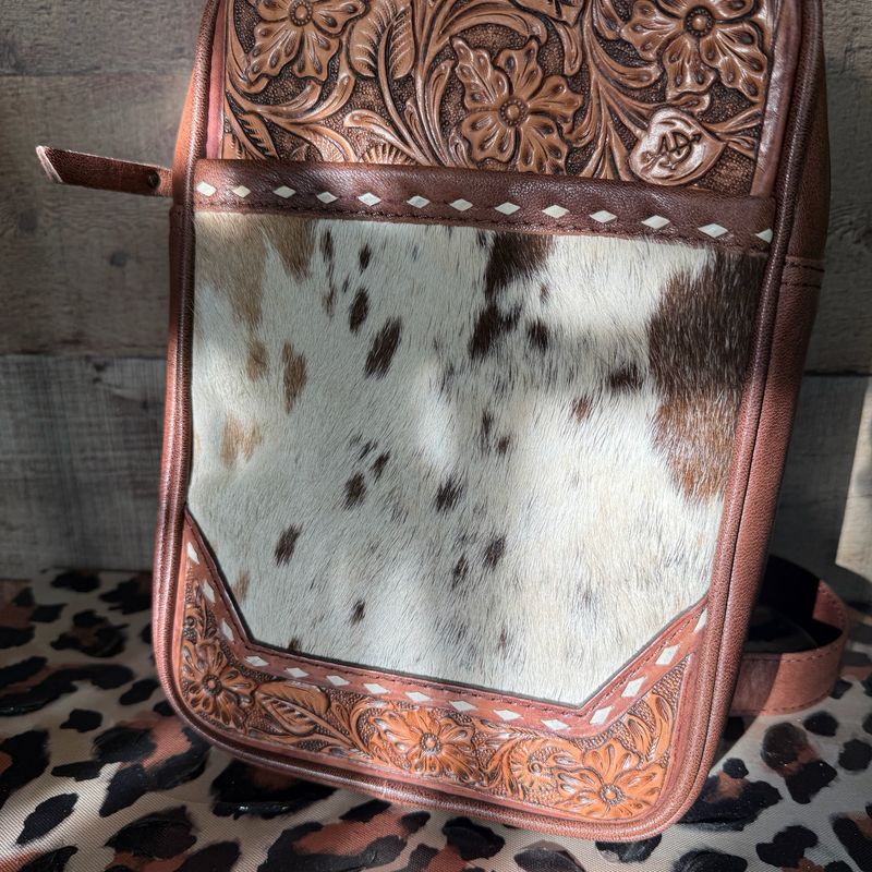 Western Leather Sling Bag with Cowhide and Leather Tooled Accents