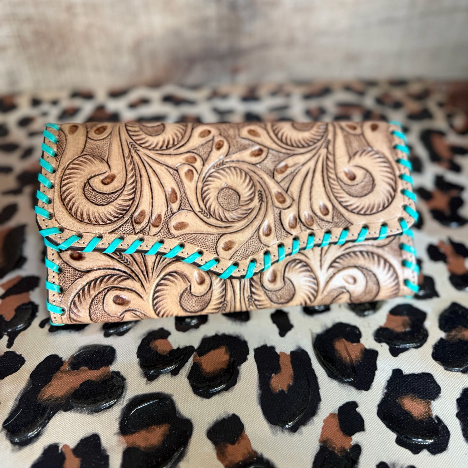 Tooled Leather Wallet Clutch with Turquoise Stitching