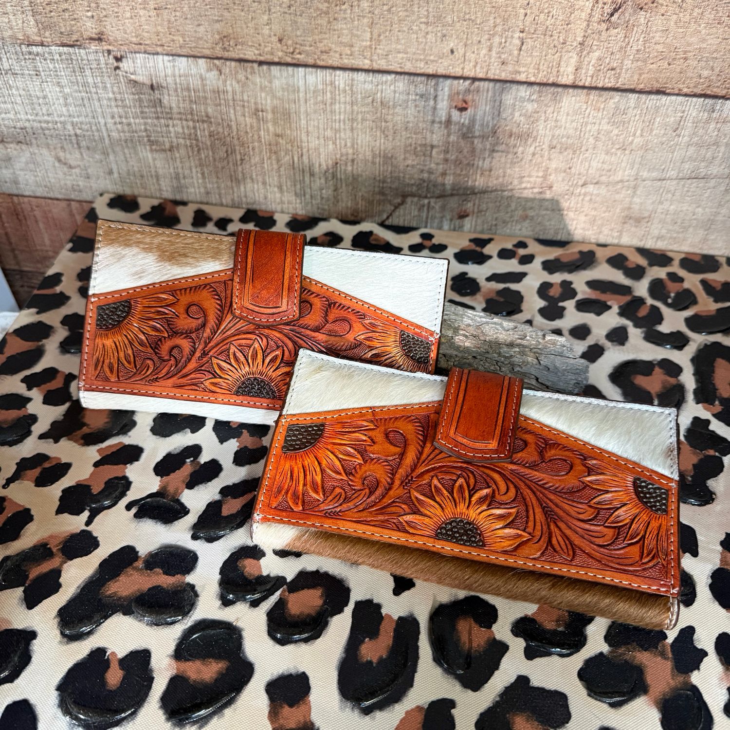 Cowhide &amp; Tooled Leather Sunflower Western Wallets