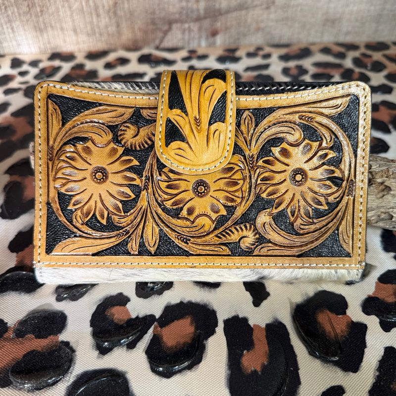 Cowhide &amp; Mustard Tooled Leather Floral Wallet