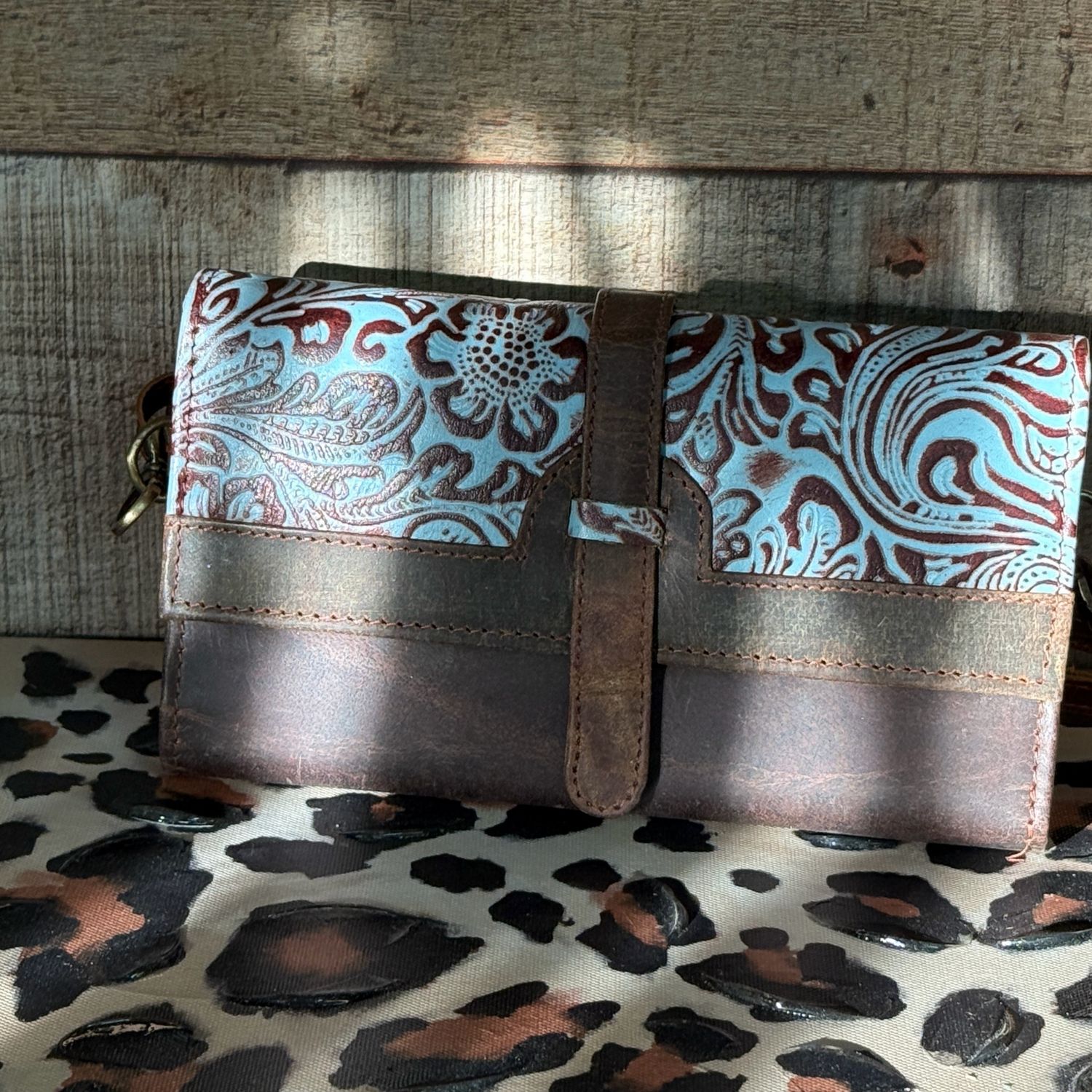 Leather Crossbody Wallet with Blue Floral Leather Design