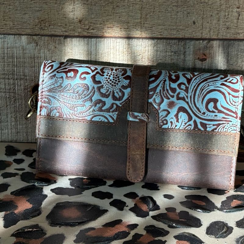 Leather Crossbody Wallet with Blue Floral Leather Design