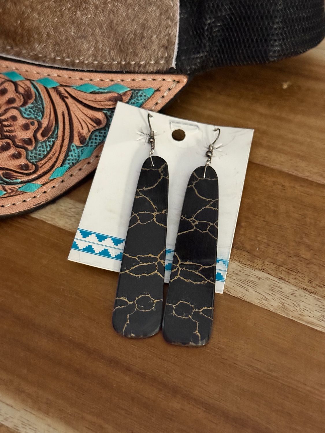 Black Slab Long Rectangle Western Earrings