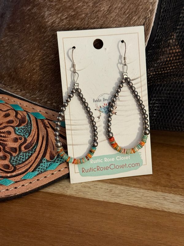 Navajo Pearl &amp; Turquoise Spiny Oyster Teardrop Earrings