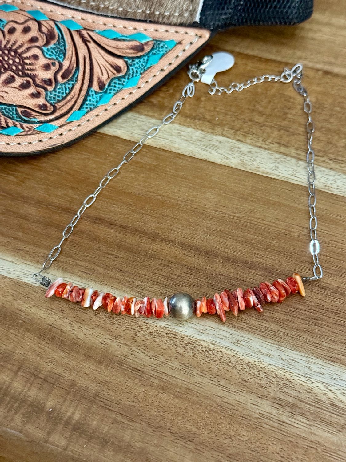 Spiny Oyster Nugget &amp; Navajo Pearl Bar Western Necklace