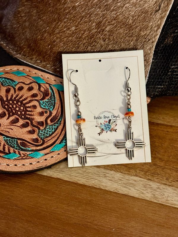 Zia Symbol Earrings with Bead Accents-Southwest New Mexico Jewelry