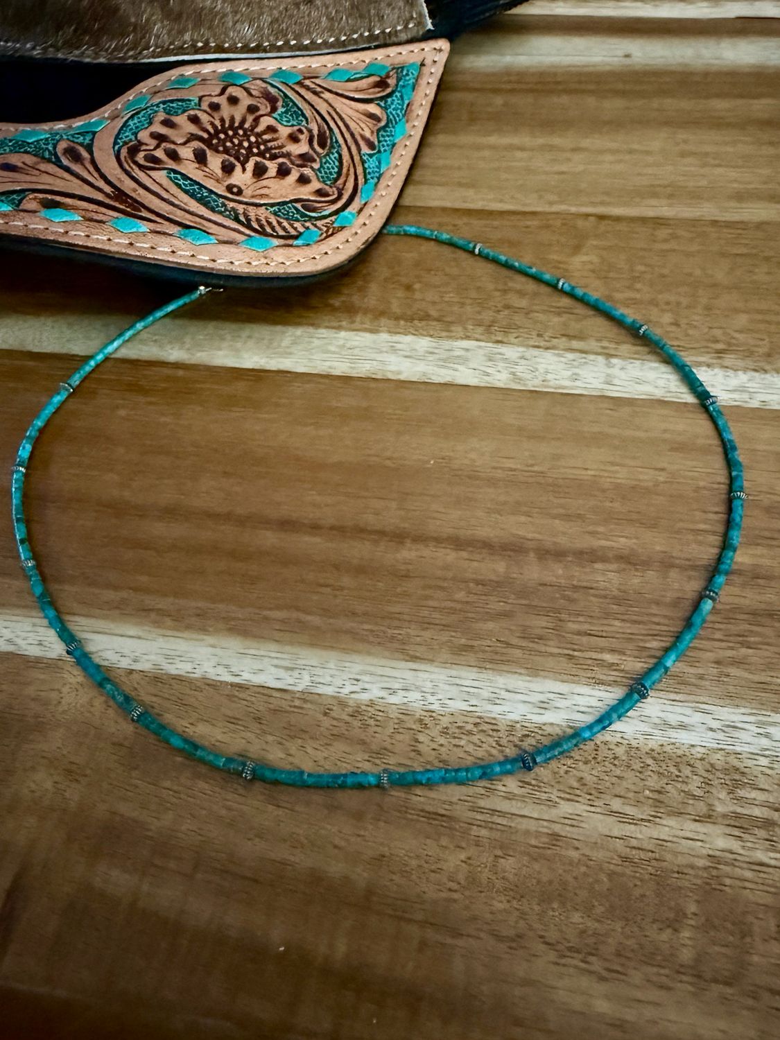 Dainty Heishi Bead Turquoise Choker Necklace with Silver Accent Beads