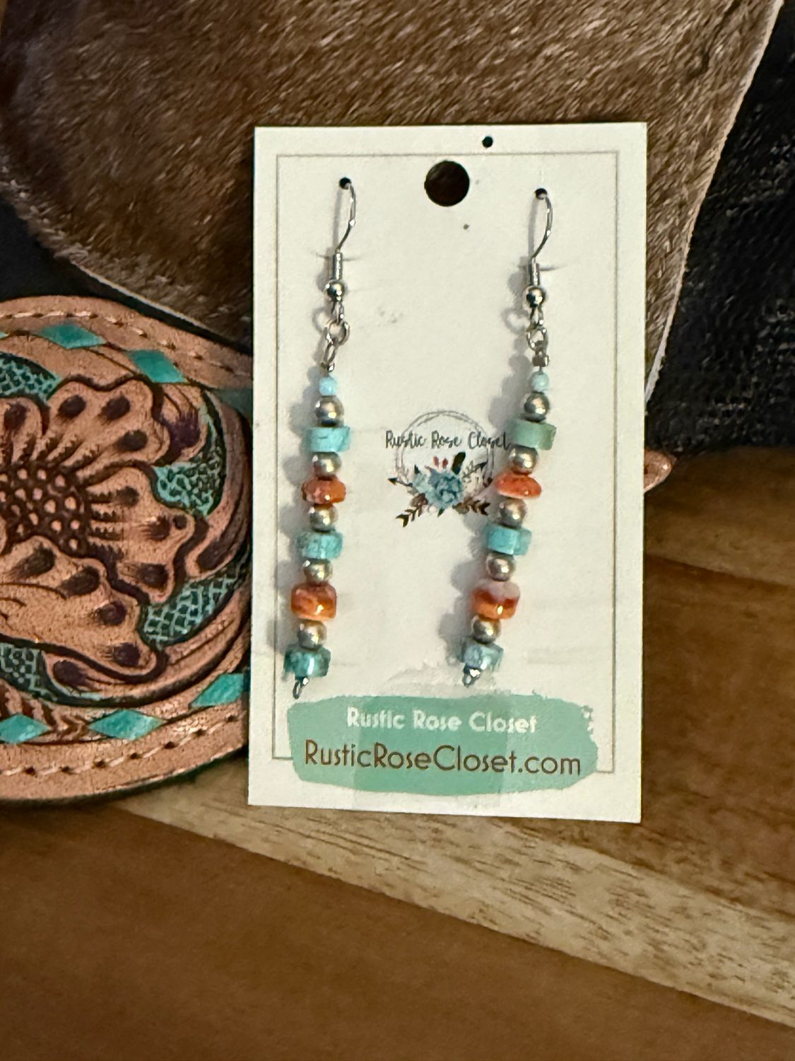 Turquoise &amp; Spiny Oyster Beaded Dangle Earrings