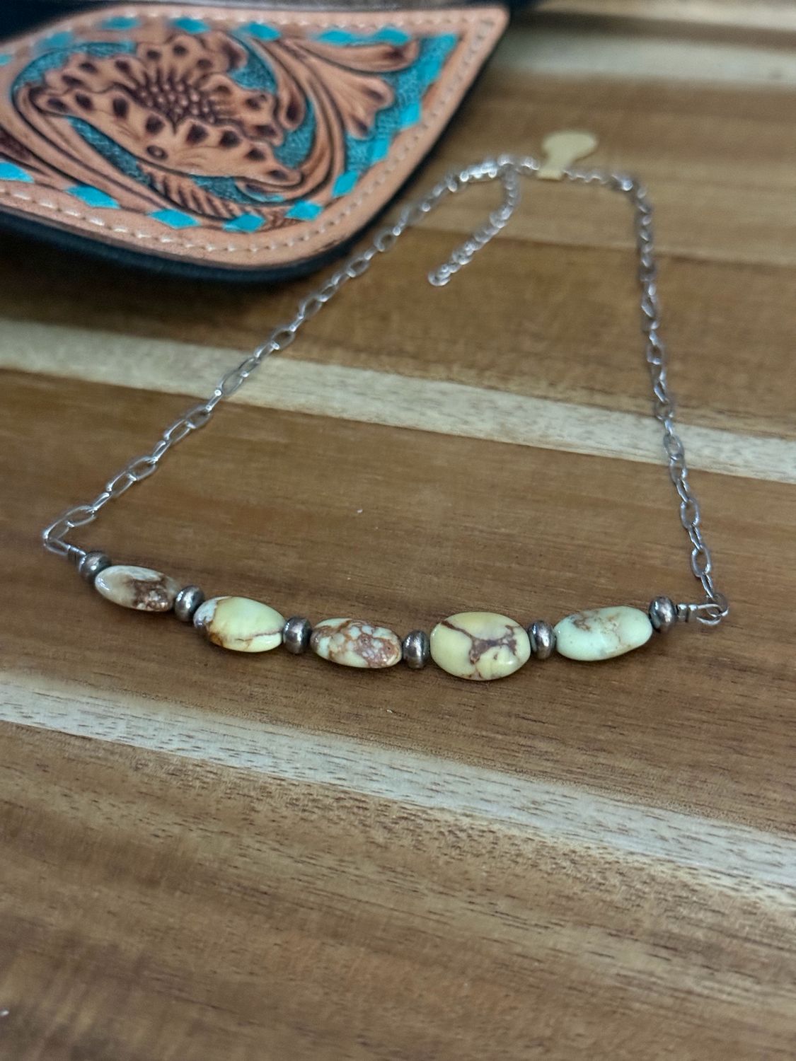 Lime Turquoise Stone Bar Necklace with Navajo Pearl Accents Western Necklace