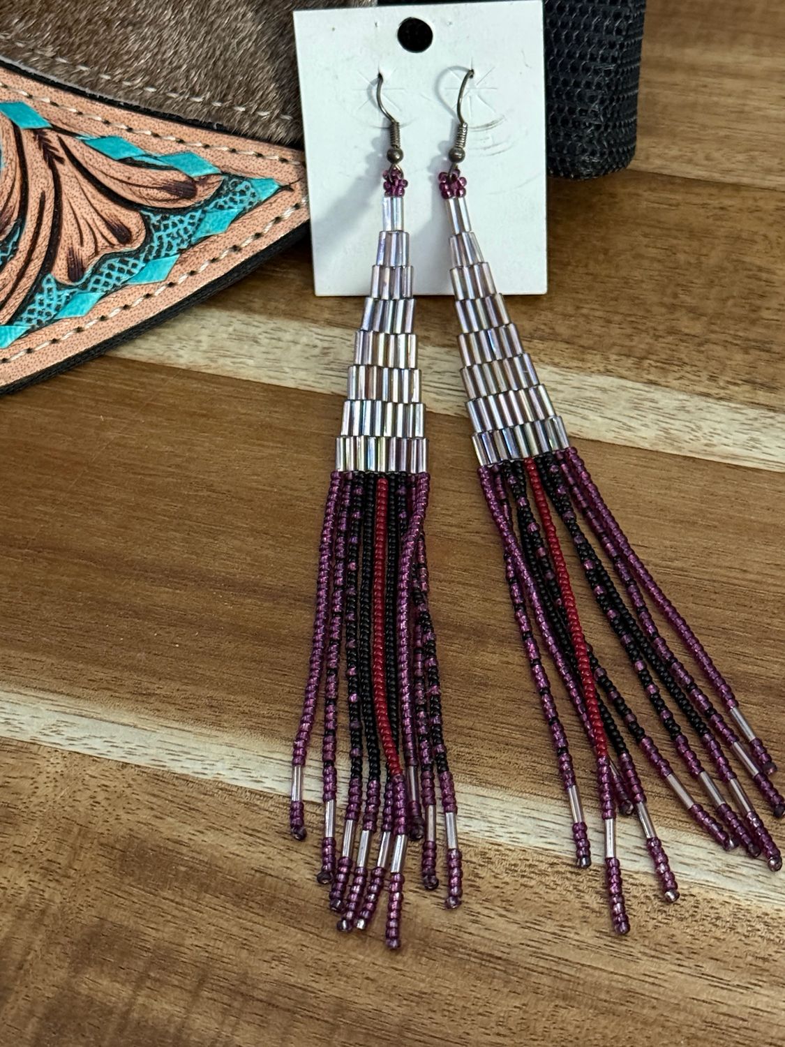 Beaded Fringe Burgundy &amp; Silver Western Earrings