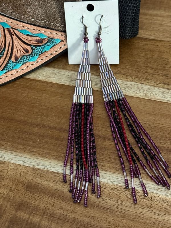 Beaded Fringe Burgundy &amp; Silver Western Earrings