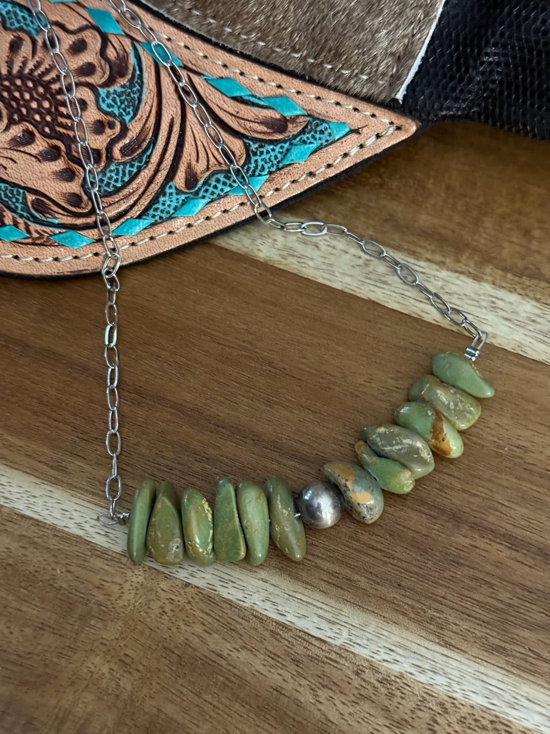 Earthy Green Turquoise Stone with Navajo Pearl Necklace
