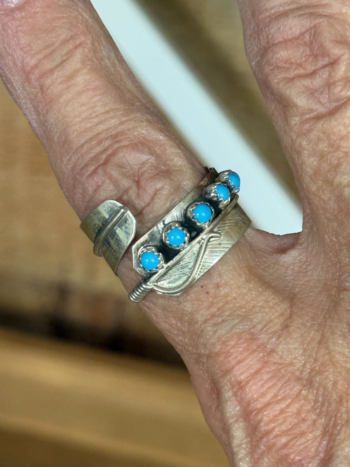 Handmade Sterling Feather Ring with Kingman Turquoise Adjustable