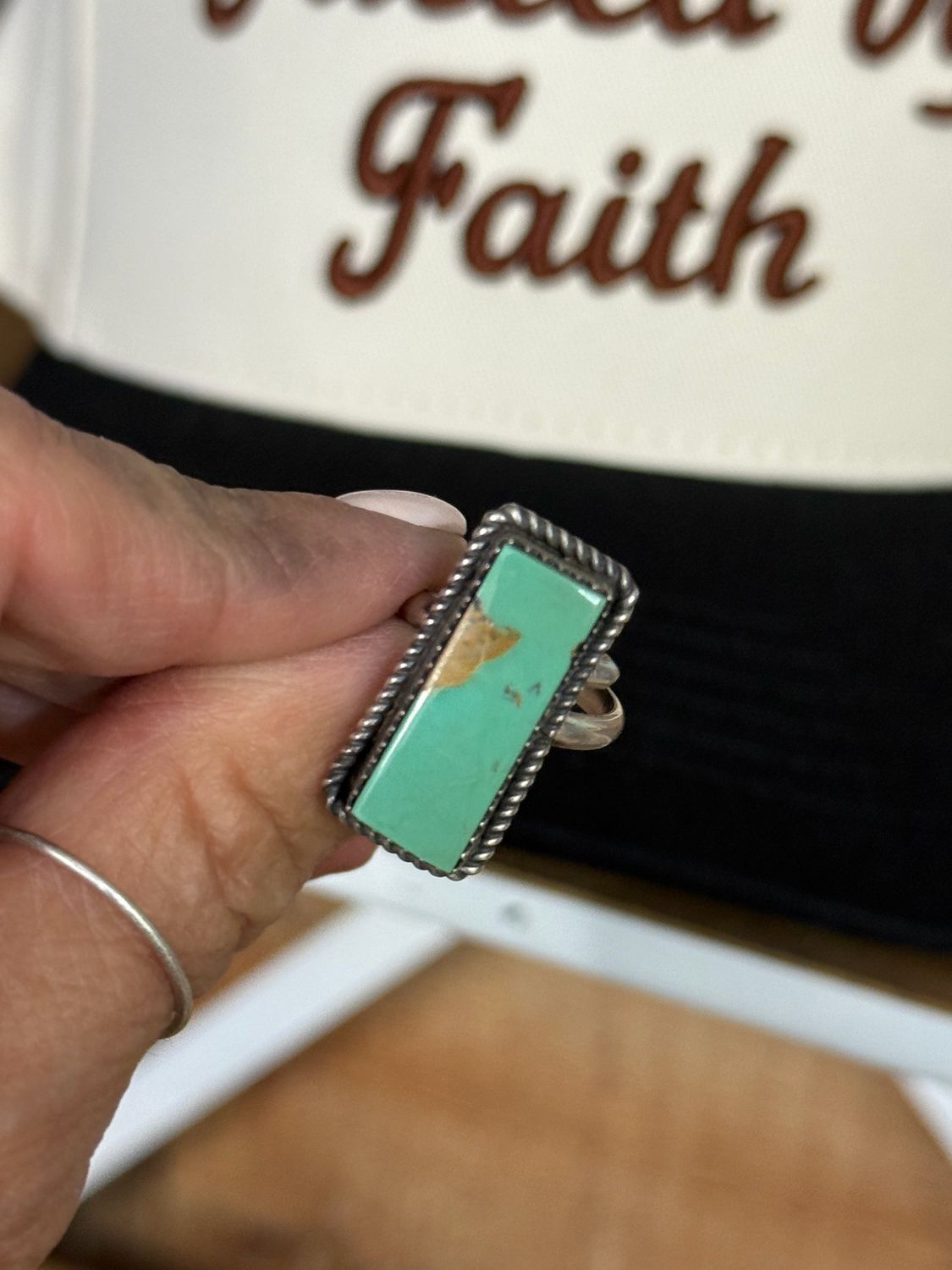 Kingman Turquoise Adjustable Rectangle Handmade Ring