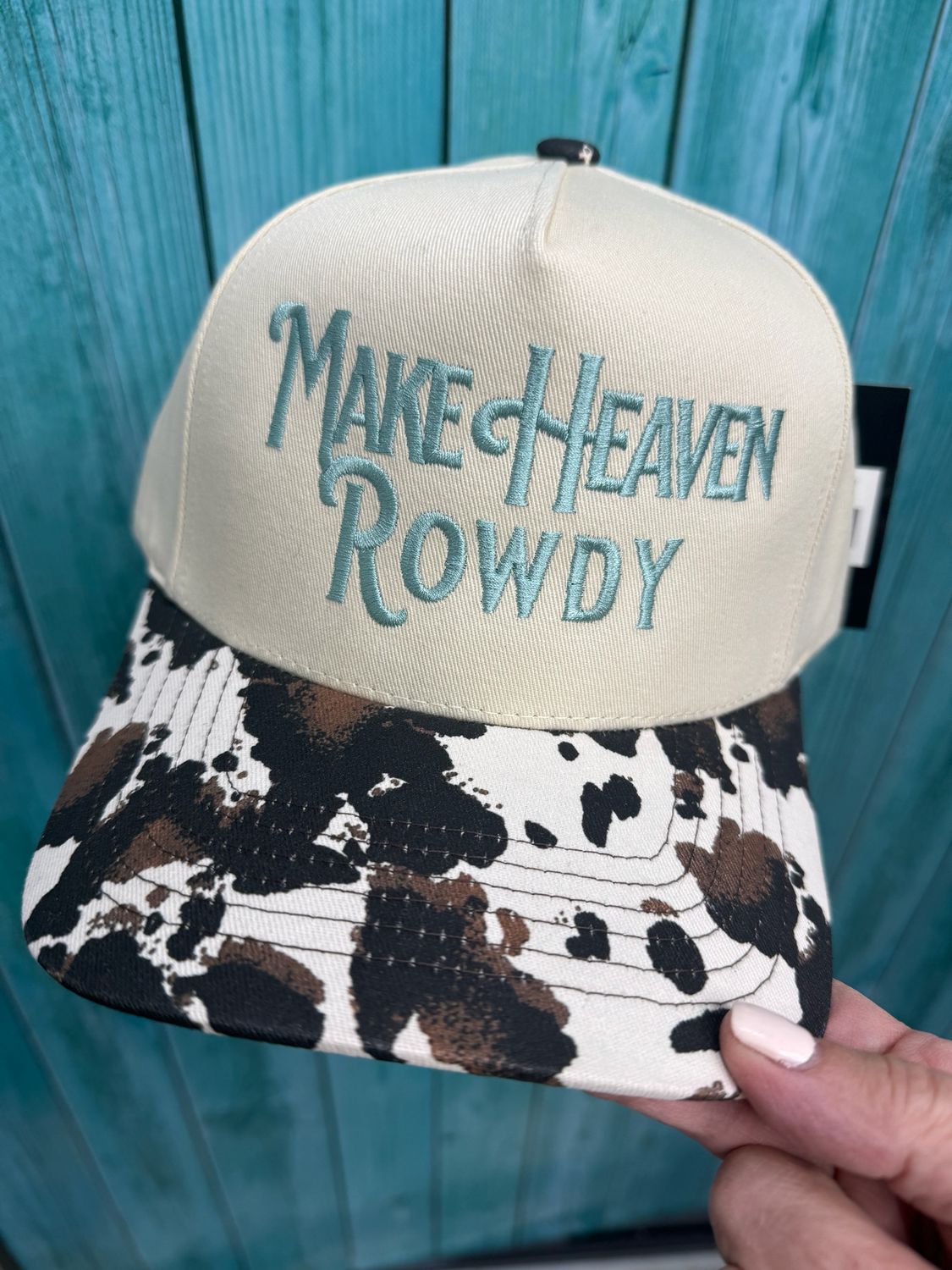 Make Heaven Rowdy Cowprint Brim Embroidered Trucker Hat