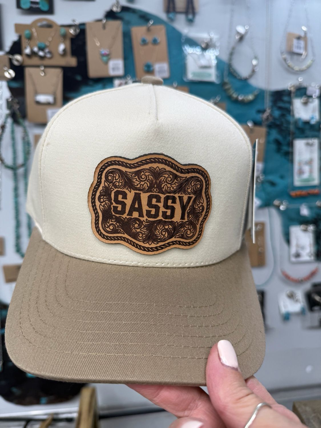 Sassy Tan Leather Patch Trucker Hat