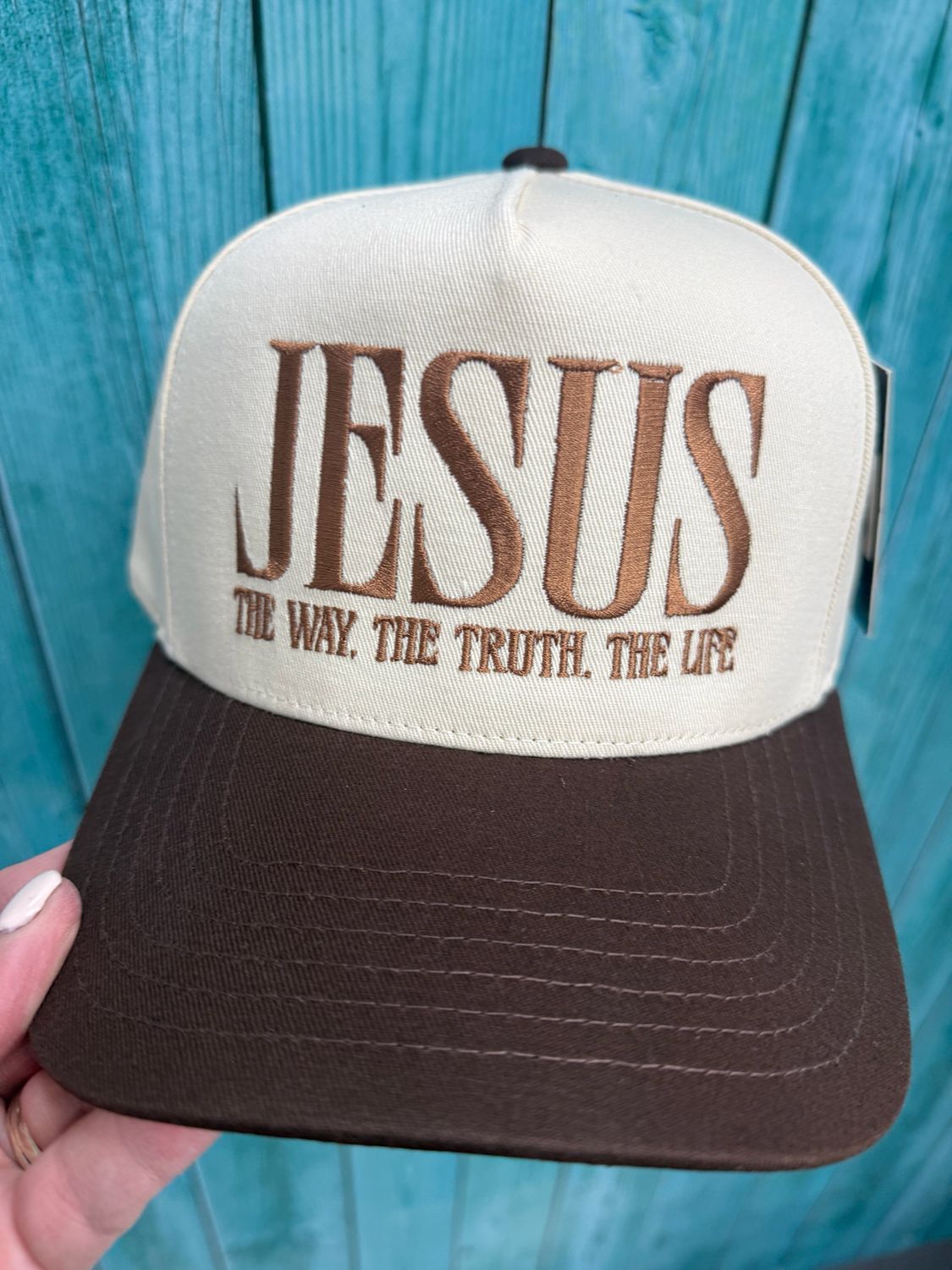 Jesus The Way The Truth The Life Embroidered Trucker Hat Dark Brown