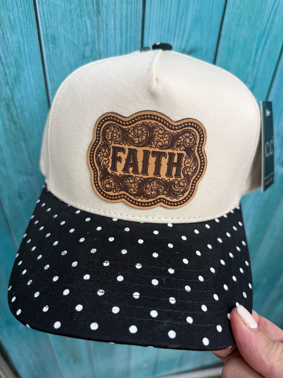 Faith Leather Patch Black Polka Dot Trucker Hat