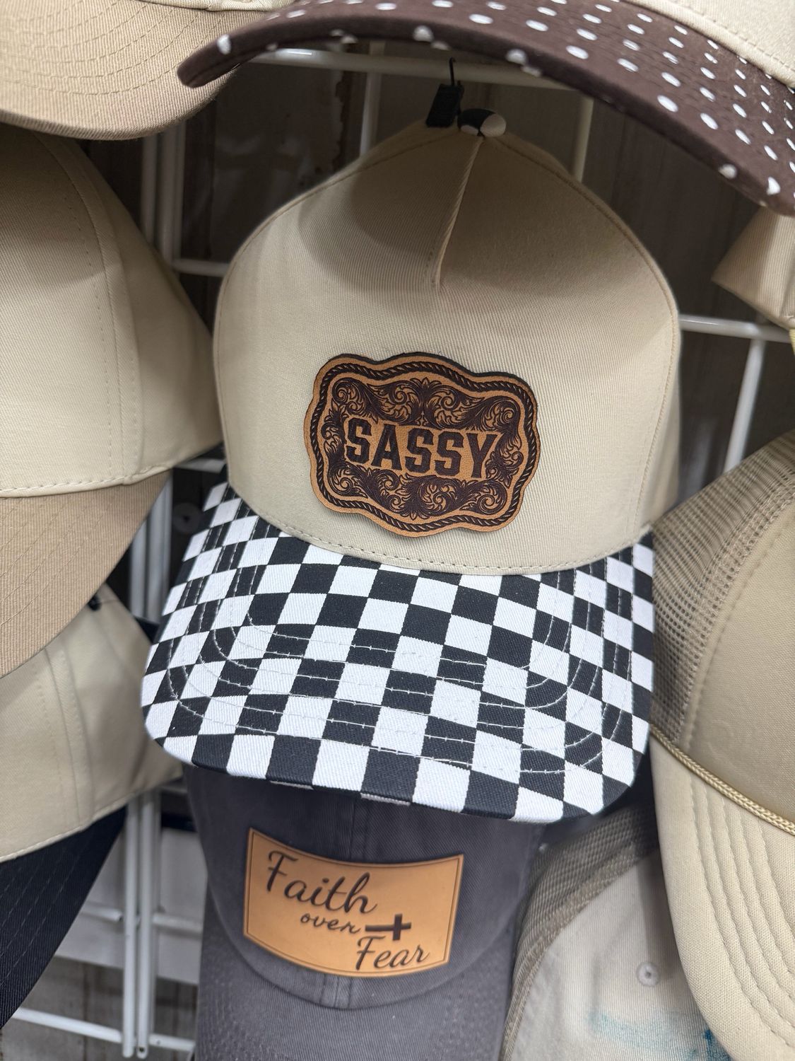 Sassy Checkered Brim Leather Patch Trucker Hat