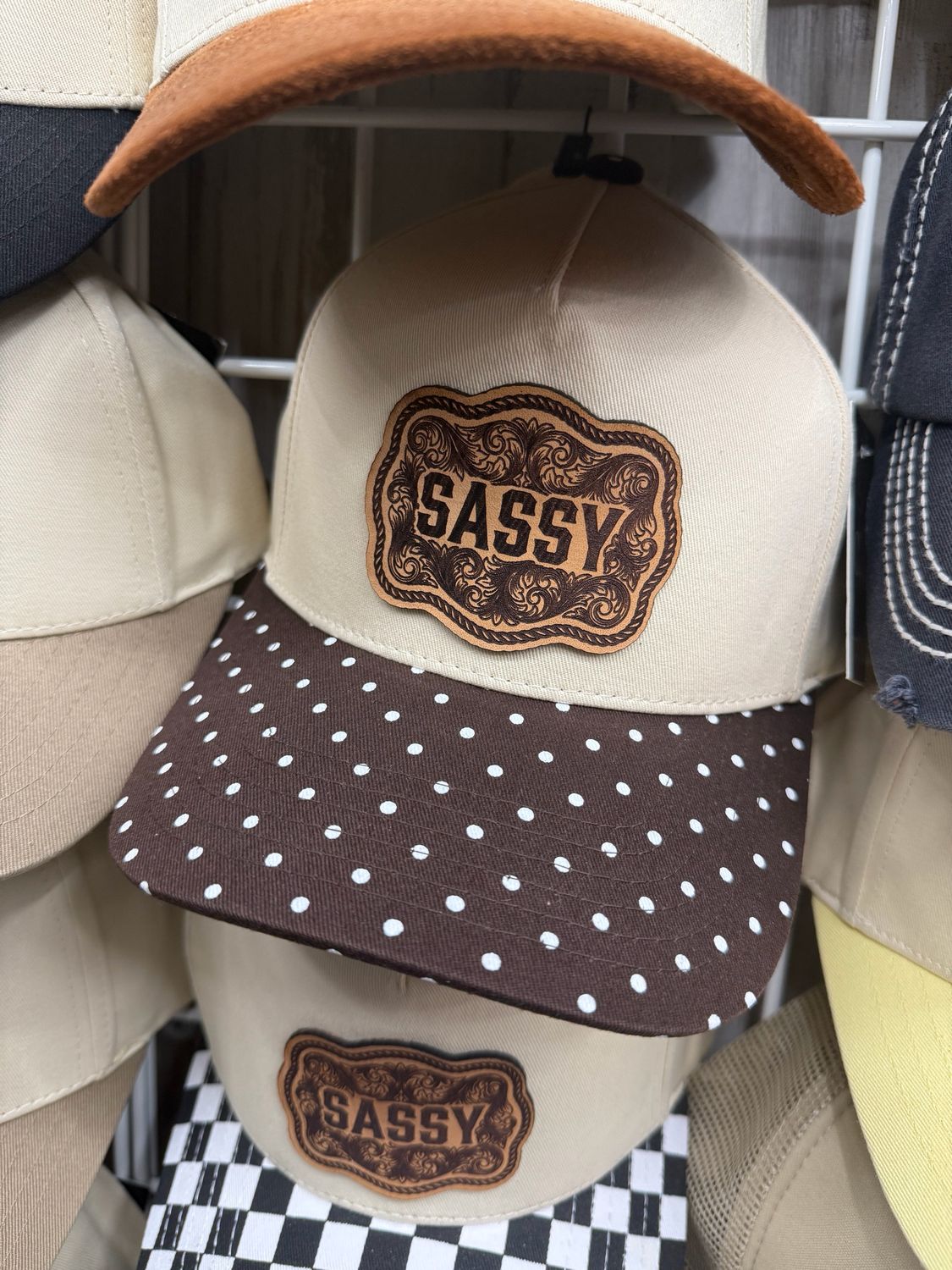 Sassy Brown Polka Dot Leather Patch Trucker Hat