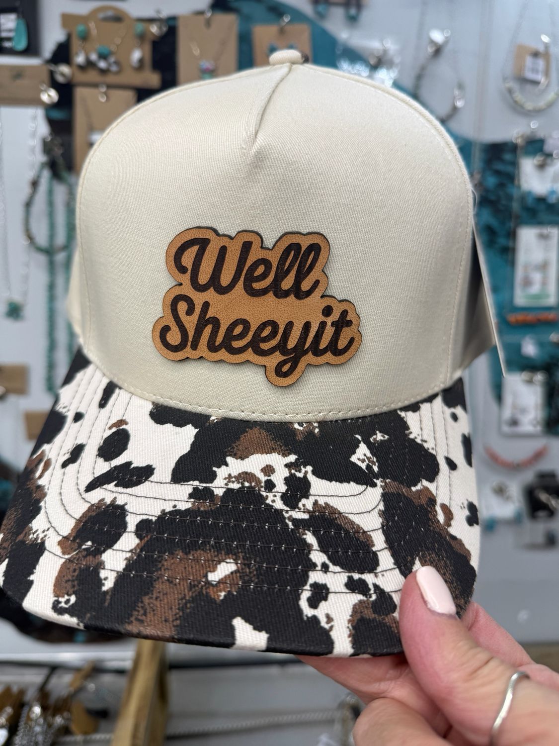 Well Sheeyit Leather Patch Cowprint Western Trucker Hat