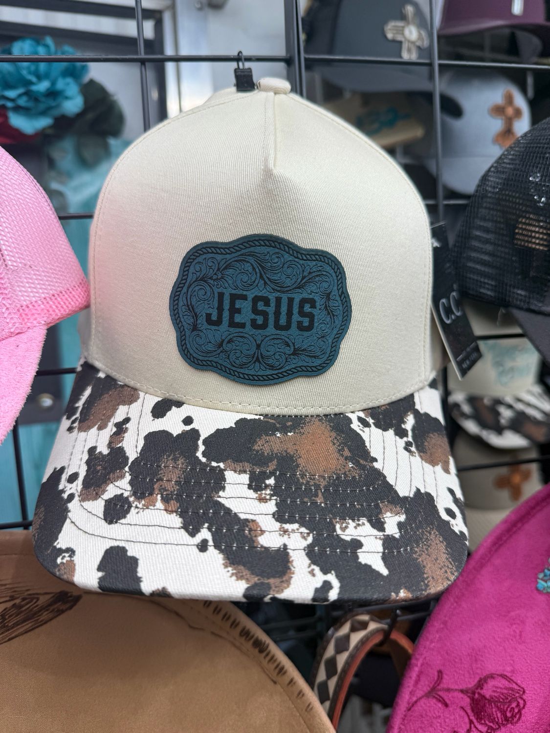 Jesus Turquoise Patch Western Cowprint Brim Trucker Hat