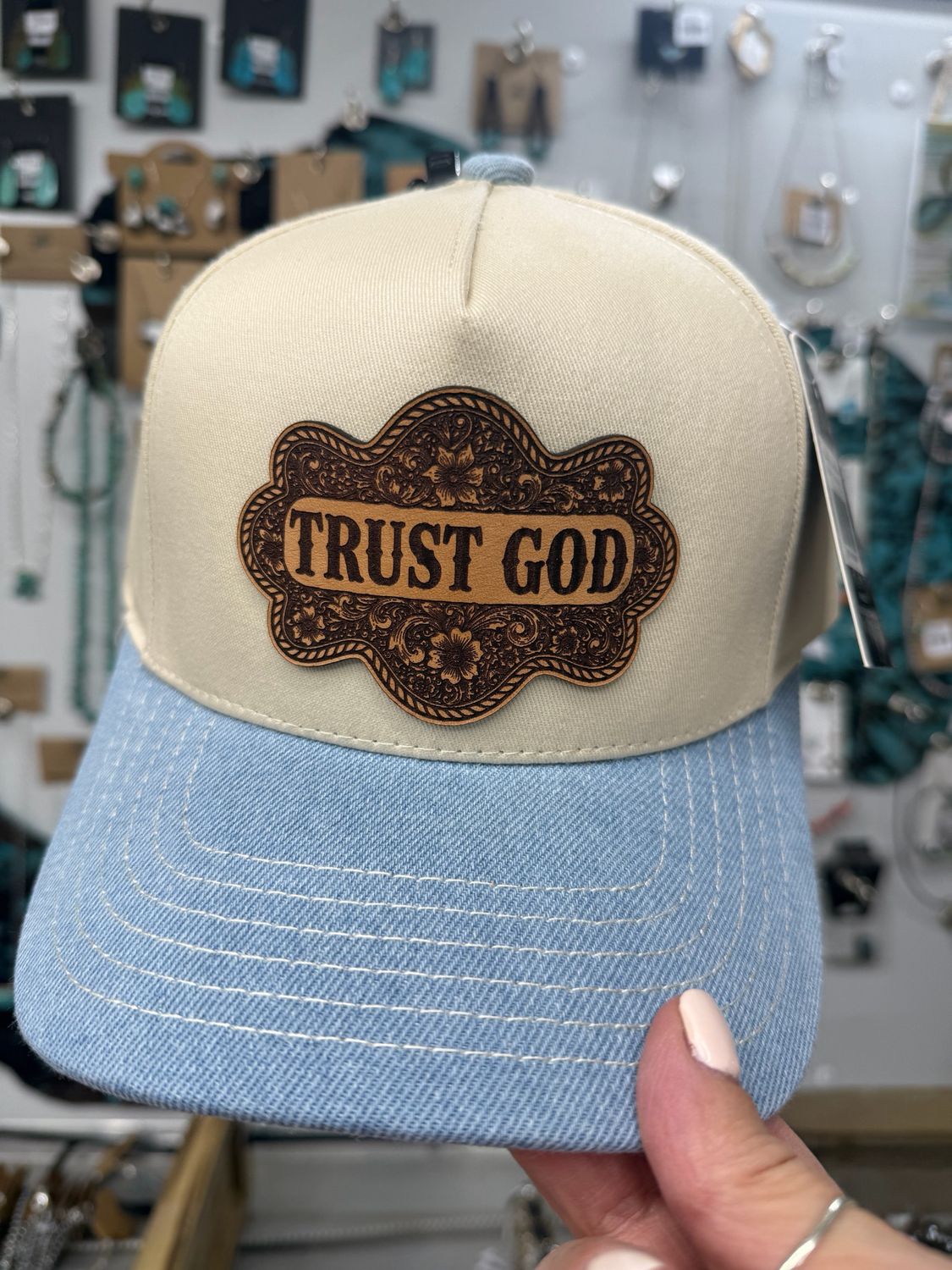 Trust God Leather Patch Denim Brim Trucker Hat