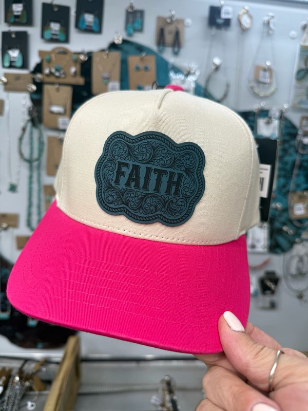 Faith Turquoise Patch Pink Brim Trucker Hat