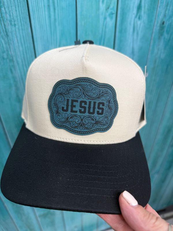 Jesus Turquoise Patch Black Brim Trucker Hat