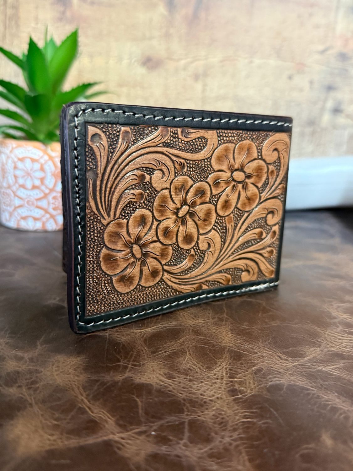 Dark Tooled Leather Men’s Bifold Wallet