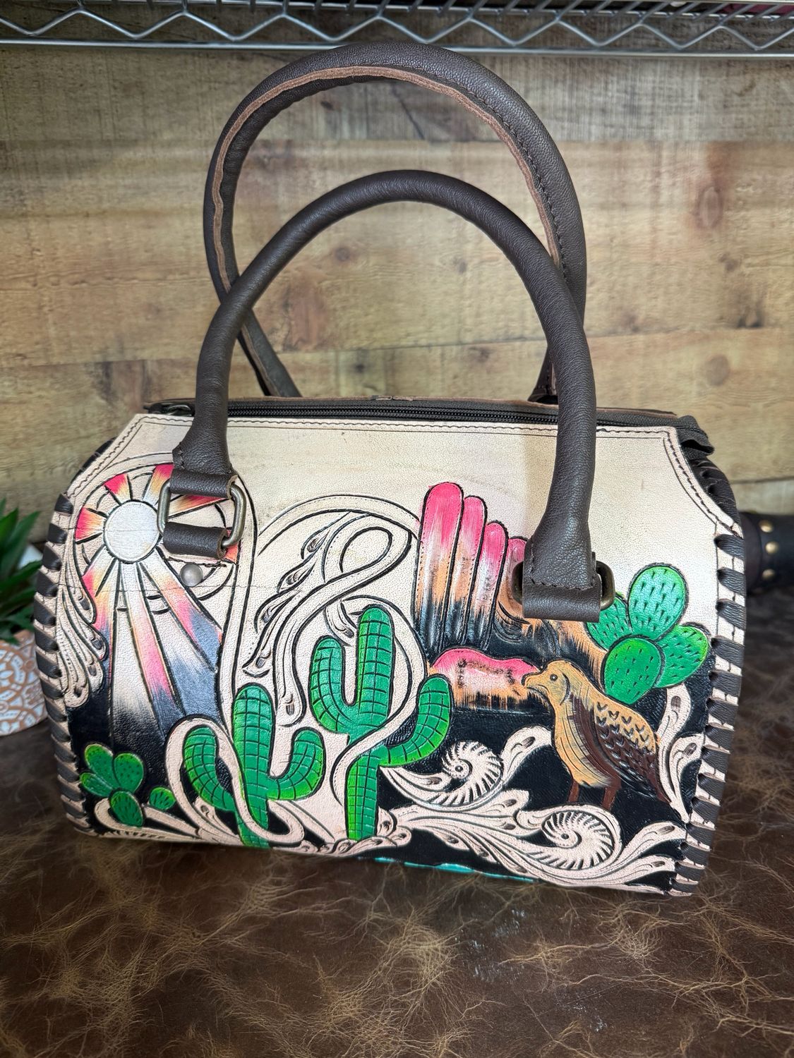 Desert Scene Cactus Leather Medium Speedy Handbag