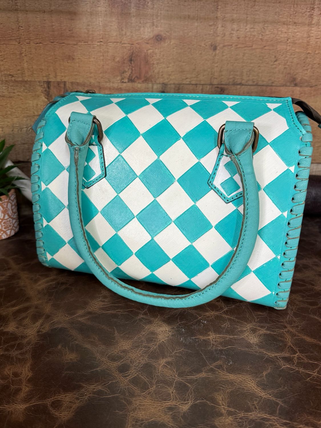 Turquoise Checkered Leather Medium Speedy Handbag