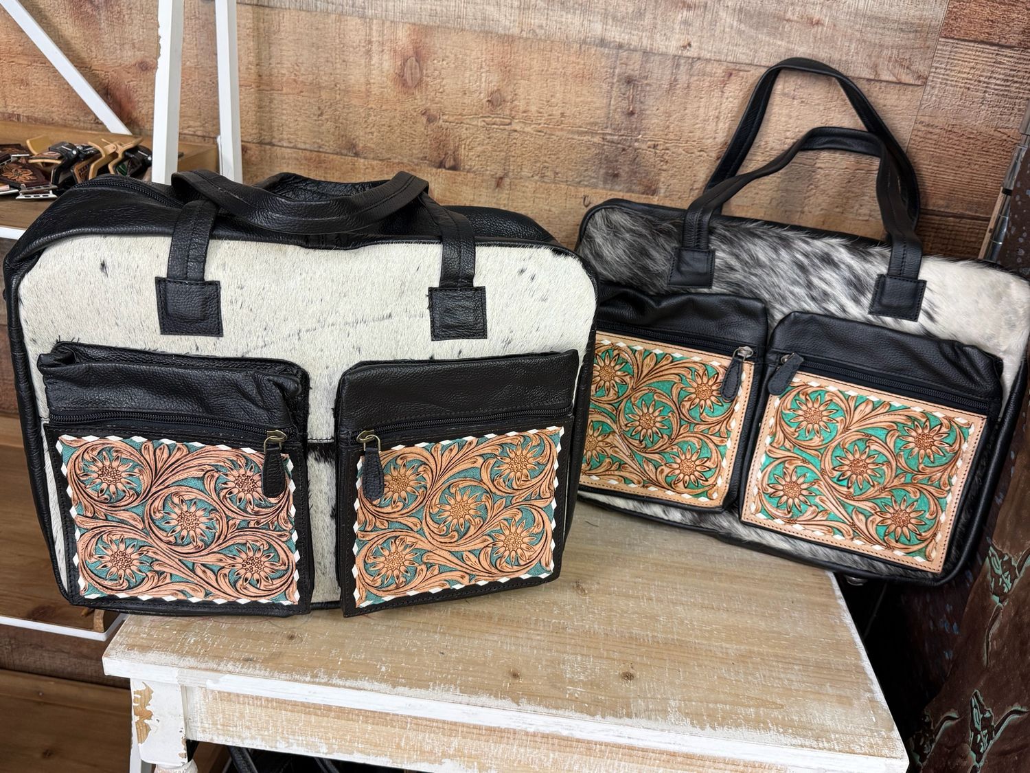 Western Cowhide Briefcase Bag with Tooled Turquoise Leather Pockets