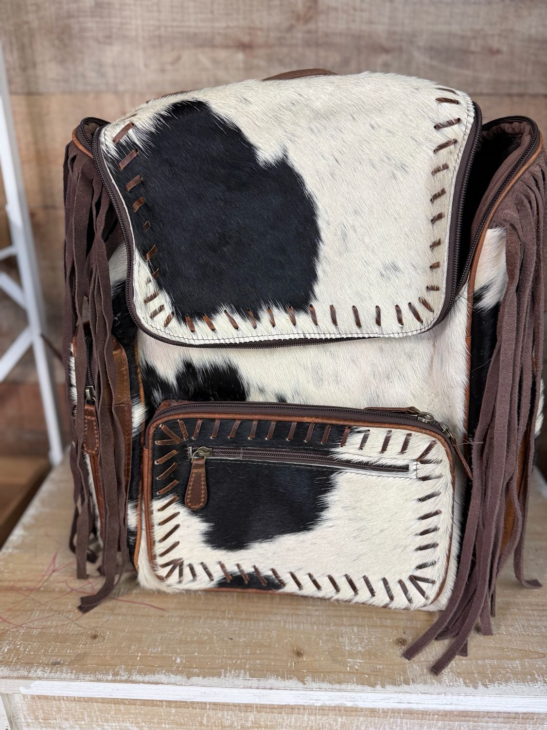 Cowhide Leather Backpack with Fringe