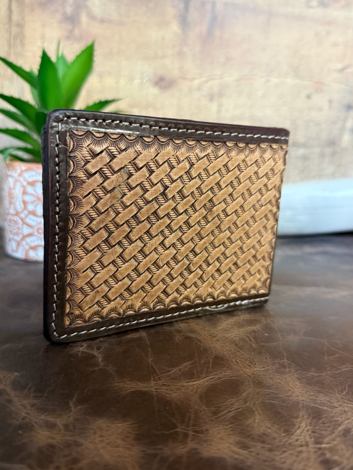 Basket Weave Tooled Leather Men’s Bifold Wallet
