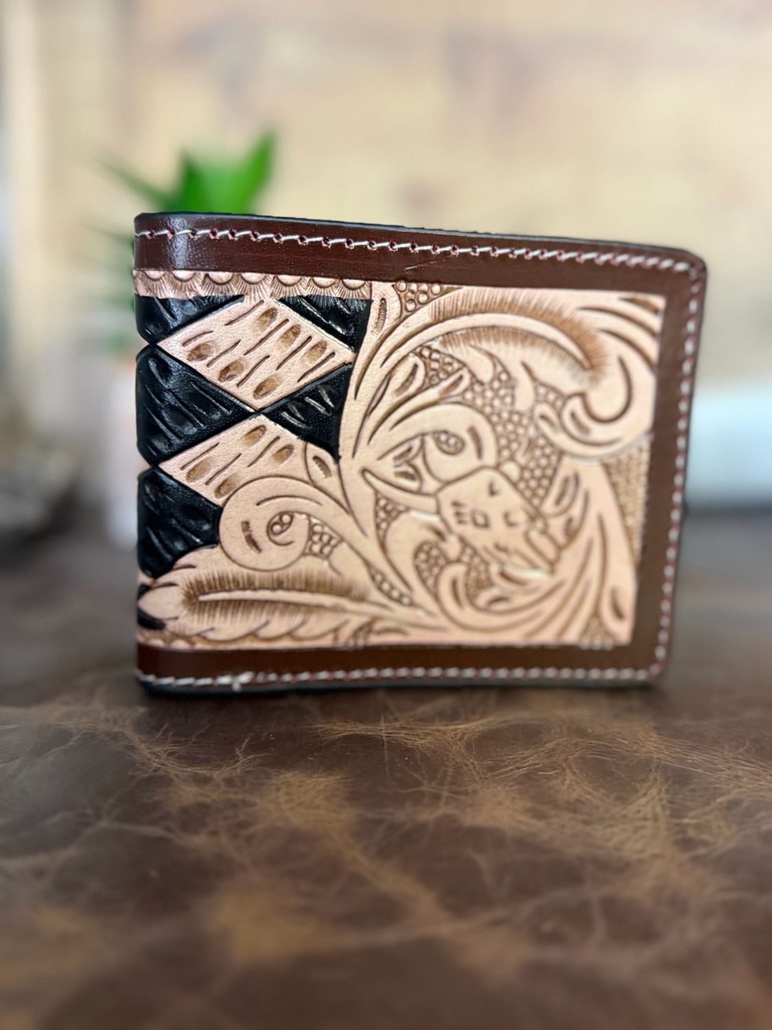 Black Tan Diamond Tooled Leather Men’s Wallet