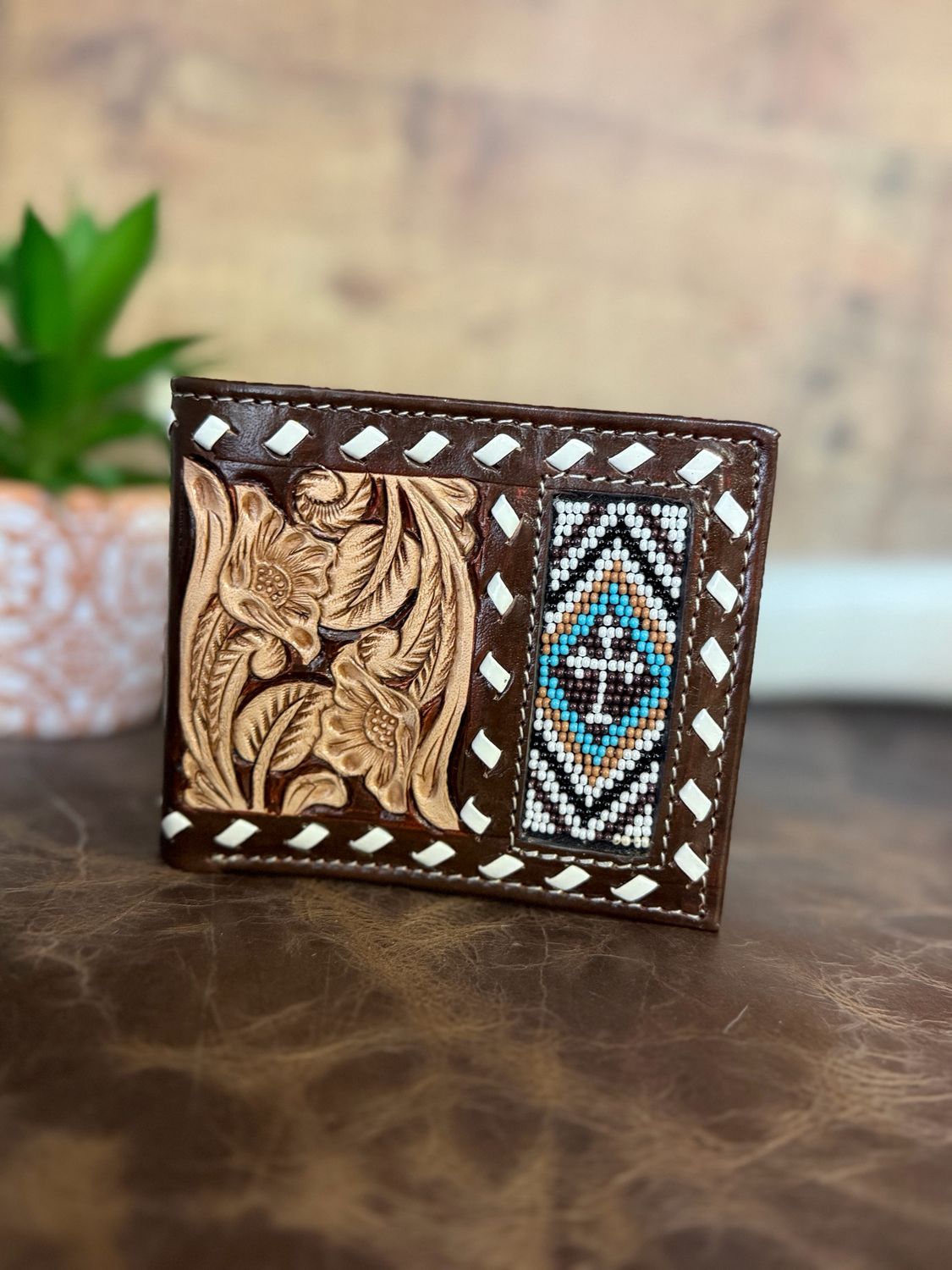 Beaded Tooled Leather Bifold Wallet