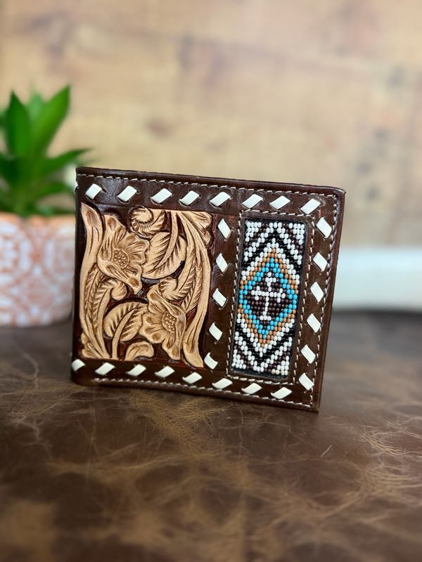 Beaded Tooled Leather Bifold Wallet
